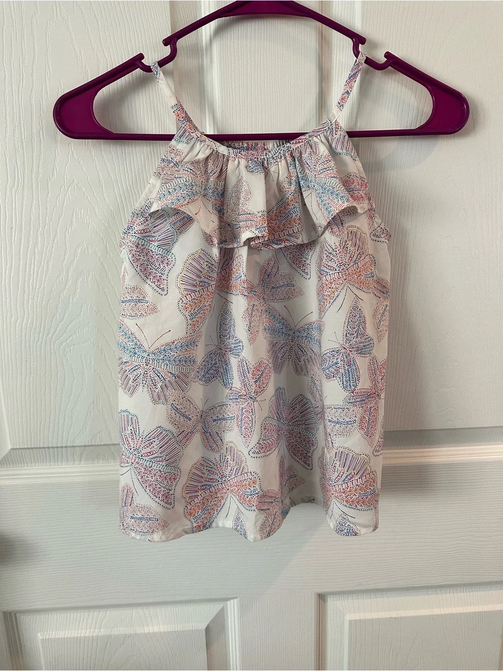 OshKosh B'gosh Cream Butterflies Ruffle Tank with Pink & Blue Print